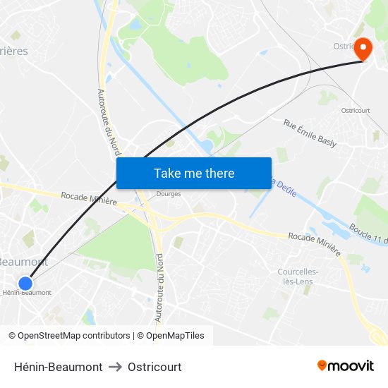 Hénin-Beaumont to Ostricourt map
