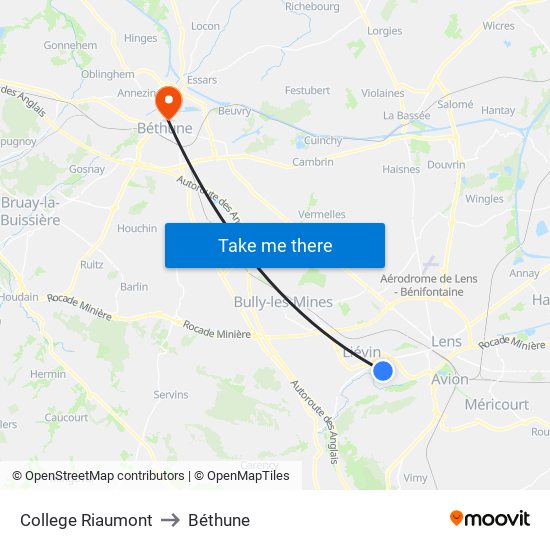 College Riaumont to Béthune map