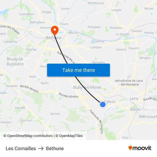Les Cornailles to Béthune map