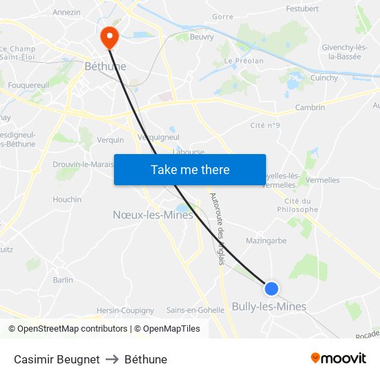 Casimir Beugnet to Béthune map