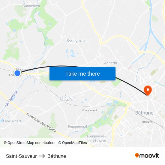 Saint-Sauveur to Béthune map