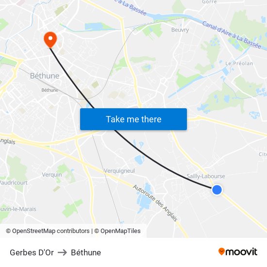 Gerbes D'Or to Béthune map
