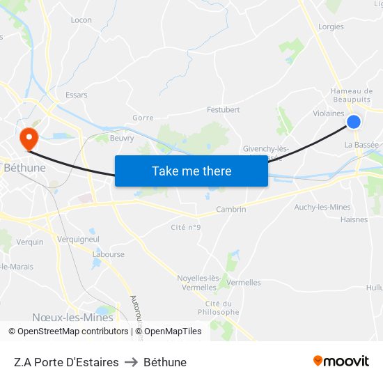 Z.A Porte D'Estaires to Béthune map
