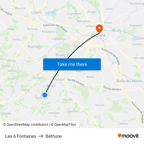 Les 6 Fontaines to Béthune map