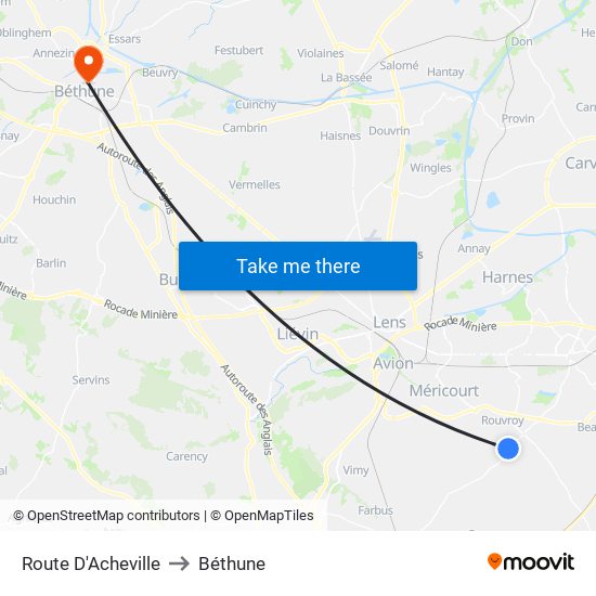 Route D'Acheville to Béthune map