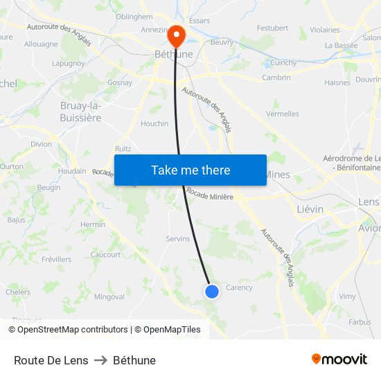 Route De Lens to Béthune map