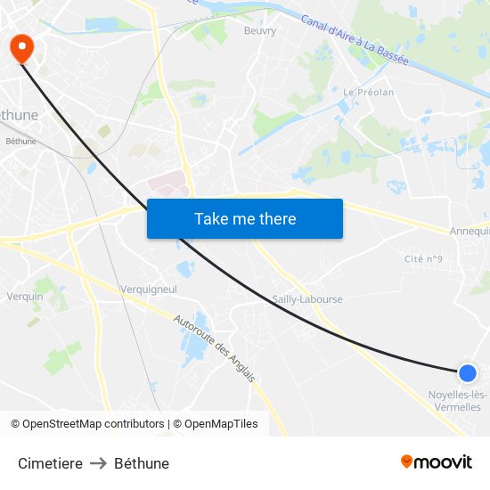 Cimetiere to Béthune map