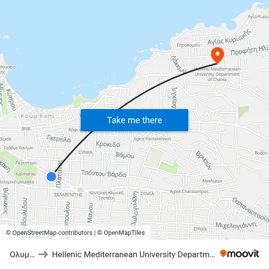Olympia to Hellenic Mediterranean University Department of Chania map