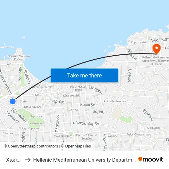 Chiotaki to Hellenic Mediterranean University Department of Chania map