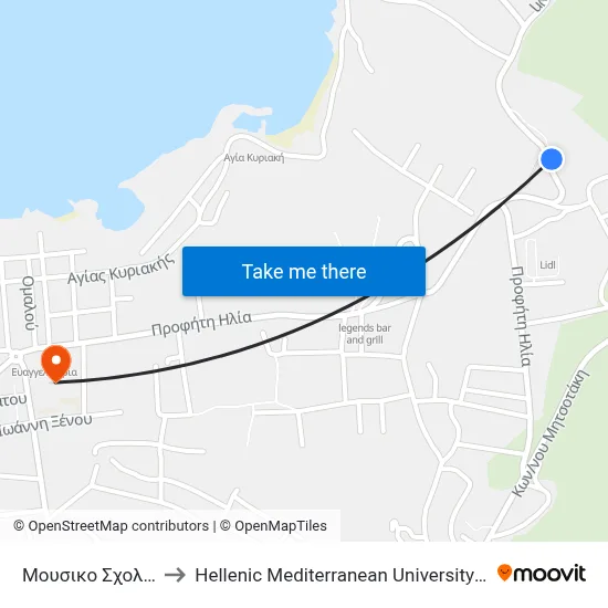 Chania Music School to Hellenic Mediterranean University Department of Chania map