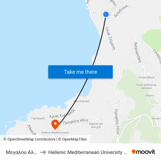Megalou Alexandrou to Hellenic Mediterranean University Department of Chania map