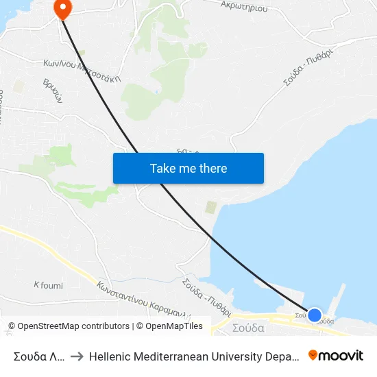 Souda Port to Hellenic Mediterranean University Department of Chania map