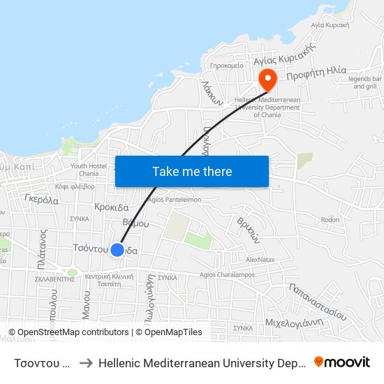 Τσοντου Βαρδα to Hellenic Mediterranean University Department Of Chania map