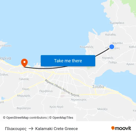 Plakoures to Kalamaki Crete Greece map