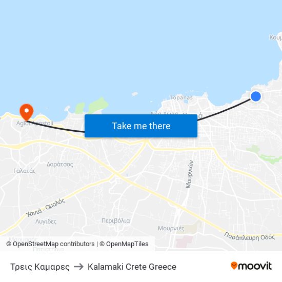 Τρεις Καμαρες to Kalamaki Crete Greece map