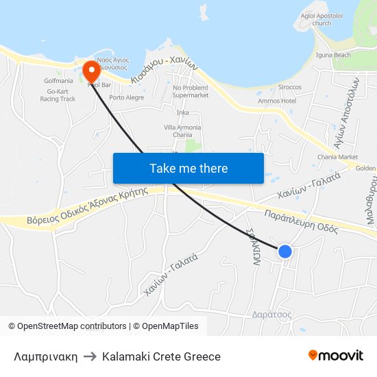 Λαμπρινακη to Kalamaki Crete Greece map