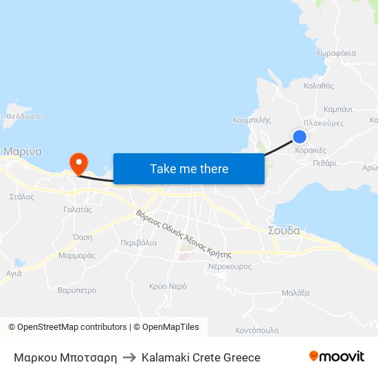 Μαρκου Μποτσαρη to Kalamaki Crete Greece map