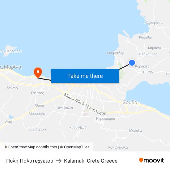 Πυλη Πολυτεχνειου to Kalamaki Crete Greece map