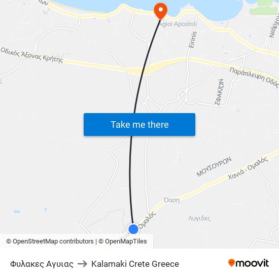 Φυλακες Αγυιας to Kalamaki Crete Greece map