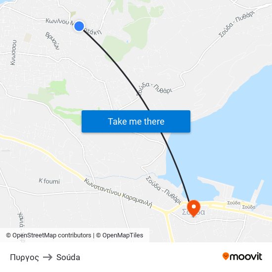Πυργος to Soúda map