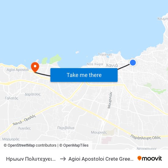 Ηρωων Πολυτεχνειου to Agioi Apostoloi Crete Greece map