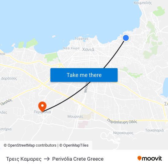 Τρεις Καμαρες to Perivólia Crete Greece map