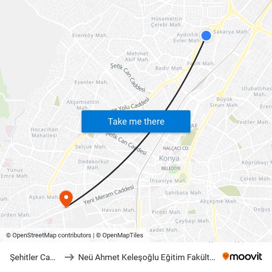 Şehitler Camii to Neü Ahmet Keleşoğlu Eğitim Fakültesi map