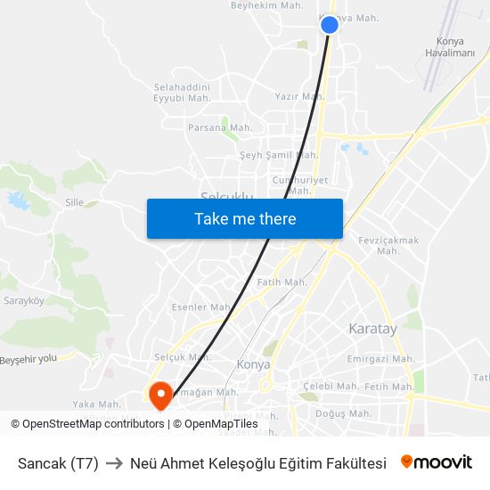 Sancak (T7) to Neü Ahmet Keleşoğlu Eğitim Fakültesi map