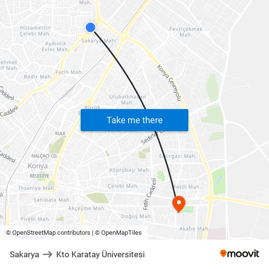 Sakarya to Kto Karatay Üniversitesi map