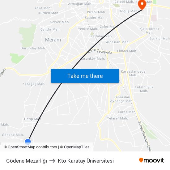 Gödene Mezarlığı to Kto Karatay Üniversitesi map