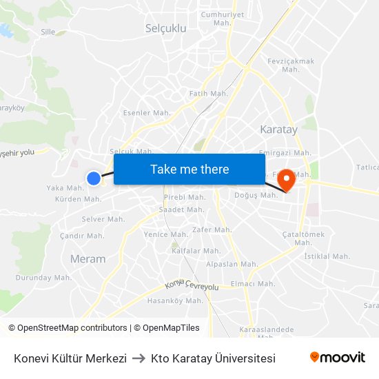 Konevi Kültür Merkezi to Kto Karatay Üniversitesi map