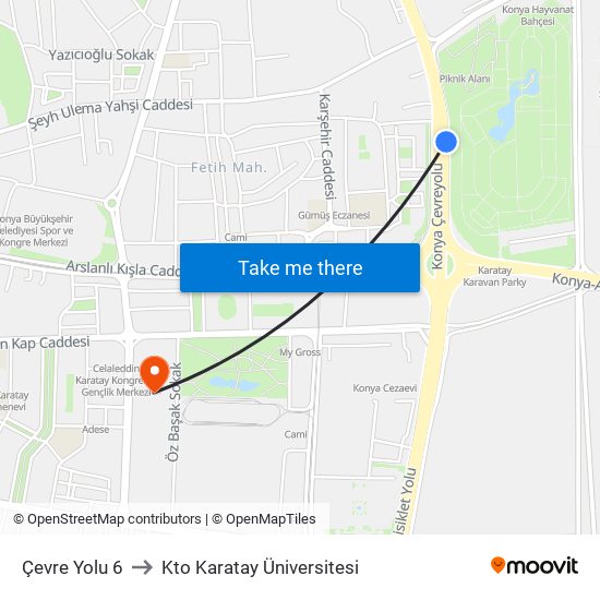 Çevre Yolu 6 to Kto Karatay Üniversitesi map
