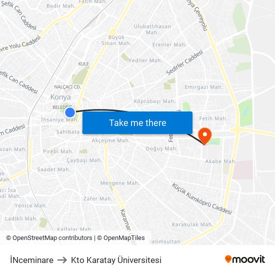 İNceminare to Kto Karatay Üniversitesi map