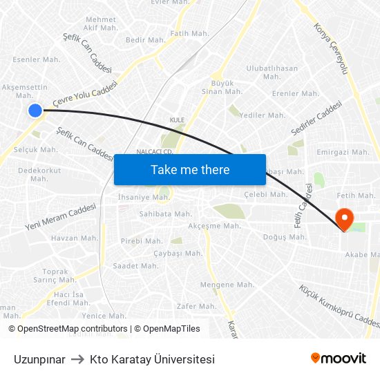 Uzunpınar to Kto Karatay Üniversitesi map