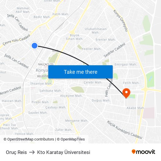 Oruç Reis to Kto Karatay Üniversitesi map