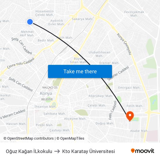 Oğuz Kağan İLkokulu to Kto Karatay Üniversitesi map