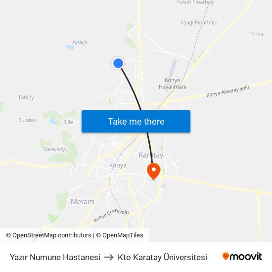 Yazır Numune Hastanesi to Kto Karatay Üniversitesi map