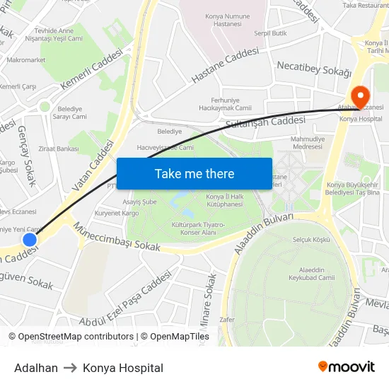 Adalhan to Konya Hospital map