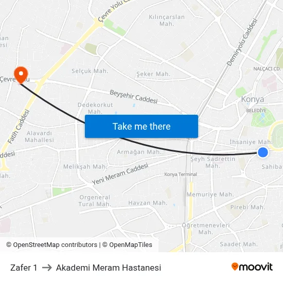 Zafer 1 to Akademi Meram Hastanesi map