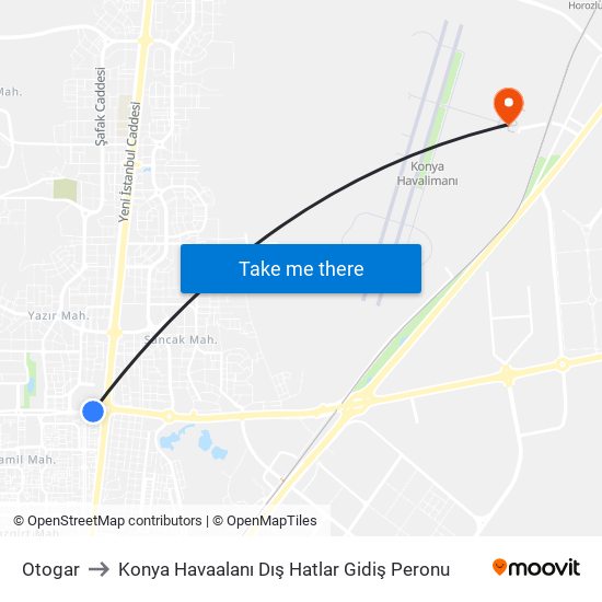 Otogar to Konya Havaalanı Dış Hatlar Gidiş Peronu map