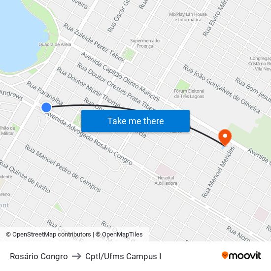 Rosário Congro to Cptl/Ufms Campus I map