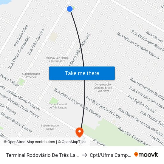 Terminal Rodoviário De Três Lagoas to Cptl/Ufms Campus I map