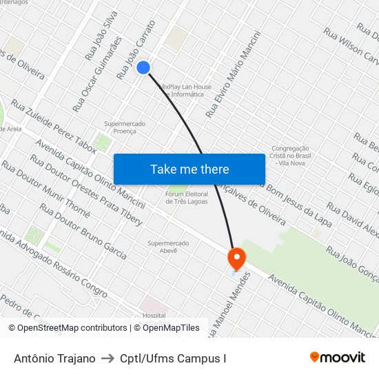 Antônio Trajano to Cptl/Ufms Campus I map