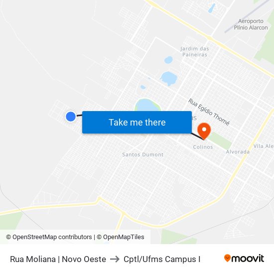 Rua Moliana | Novo Oeste to Cptl/Ufms Campus I map