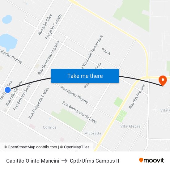 Capitão Olinto Mancini to Cptl/Ufms Campus II map