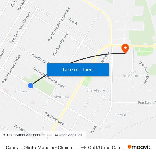 Capitão Olinto Mancini - Clínica Da Mulher to Cptl/Ufms Campus II map