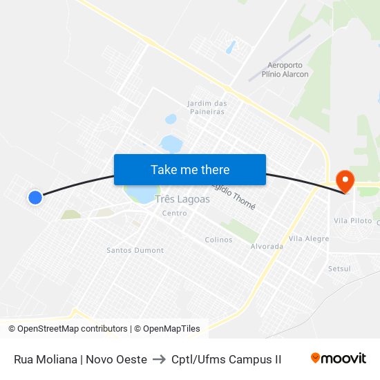 Rua Moliana | Novo Oeste to Cptl/Ufms Campus II map