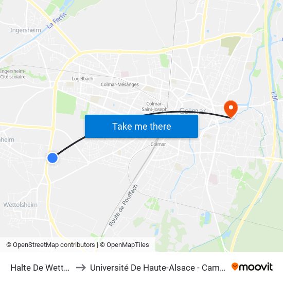 Halte De Wettolsheim to Université De Haute-Alsace - Campus Grillenbreit map