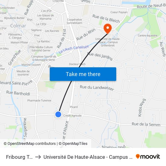 Fribourg Trace to Université De Haute-Alsace - Campus Grillenbreit map