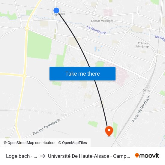 Logelbach - Gare to Université De Haute-Alsace - Campus Biopôle map